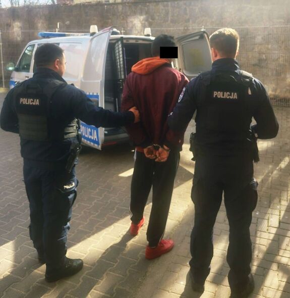 dwóch policjantów wprowadzających zatrzymanego mężczyznę do oznakowanego radiowozu