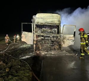 strażacy wokół spalonej ciężarówki