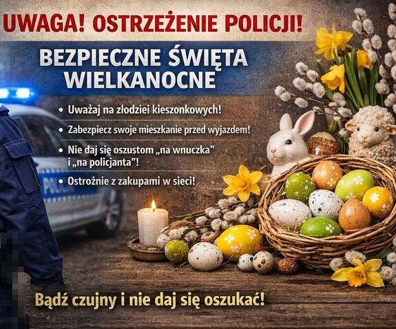 grafika wygenerowana przez AI na niej stroik świąteczny w tle radiowóz na światłach i przestrogi przedświąteczne