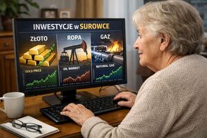 70 latka siedząca przed ekranem komputera na nim inwestycje w ropę gaz złoto