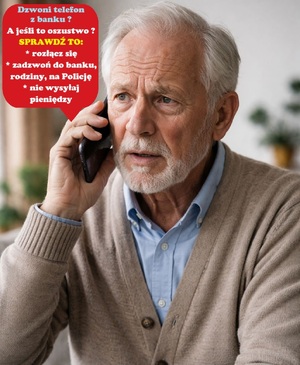 senior rozmawiający przez telefon obok w ramce ostrzeżenie przed oszustami