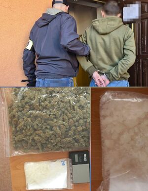 policjant wprowadzający do budynku zatrzymanego mężczyznę w kajdankach na dwóch dodatkowych zdjęciach narkotyki marihuana i mefedron