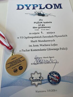 dyplom za zajęcie 1 miejsca w zawodach pływackich dla Izabeli Pużuk