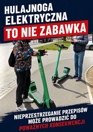 dziecko i mężczyzna stojące obok hulajnóg elektrycznych napis hulajnoga elektryczna to nie zabawka