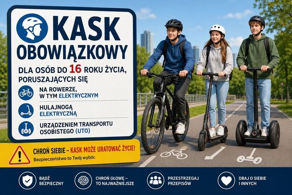 troje nastolatków jadących na rowerze hulajnodze elektrycznej i segway oraz ostrzeżenie o obowiązku noszenia kasku do 16 roku życia