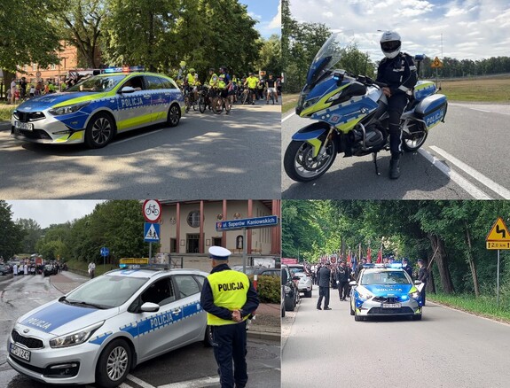 kolaż zdjęć z zabezpieczeń przez policjantów na motocyklu i radiowozami