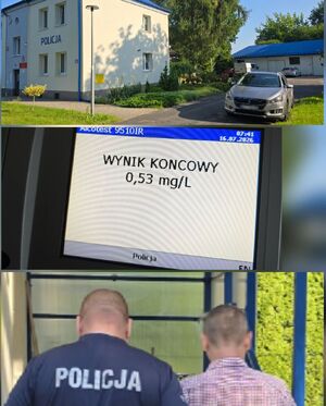 kolaż zdjęć policjant prowadzący mężczyznę budynek komisariatu obok Peugeot i ekran alcotestu z wynikiem końcowym 0,53 mg na litr