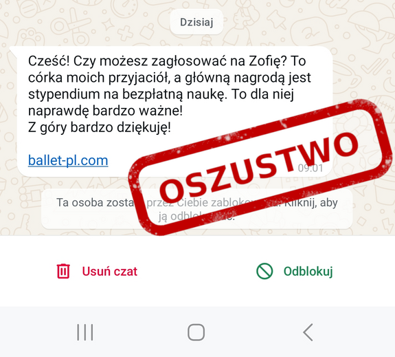 screen wiadomości żeby zagłosować na córkę Zofię
